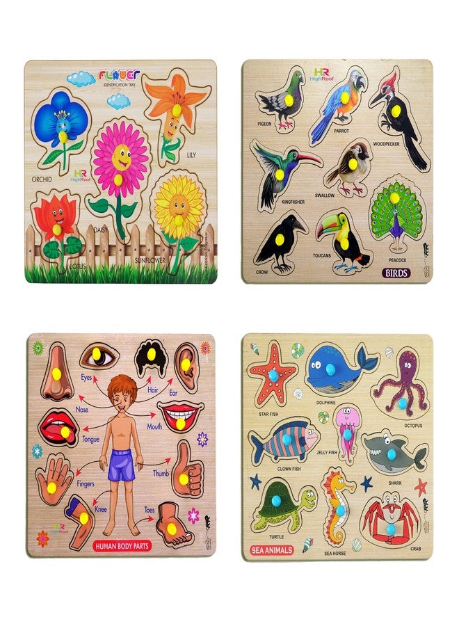 HIGHROOF® Kids Fort Pre Nursery Educational Jigsaw Puzzles for Adults Kids Learning Toys Kit Board Game 4 pcs Set of Flower Birds Human Body Parts & Sea Animals Educational Toy - Image 1